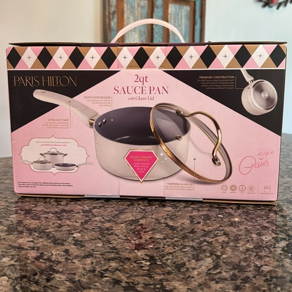 Paris Hilton 2 quart sauce pan with glass lid white and gold NEW